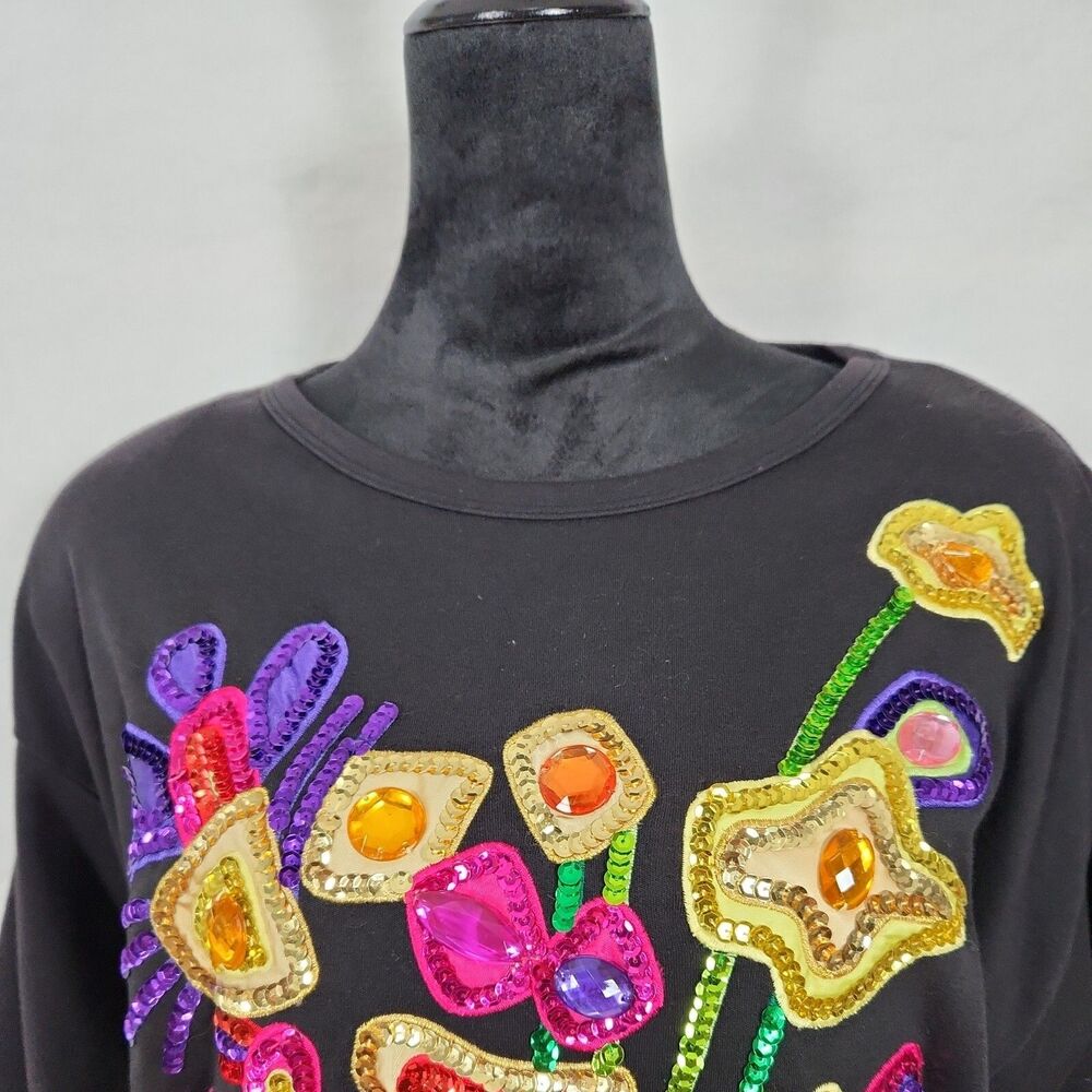 Vtg Victoria Harbour Medium Sequin Embellished Black 3/4 Sleeve Floral Shirt Top - Picture 2 of 11